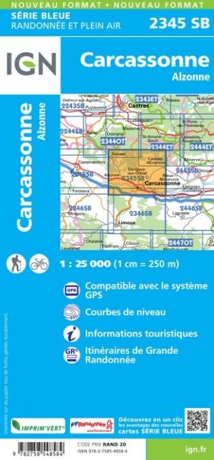 Carte de randonnée n° 2345 - Carcassonne, Alzonne | IGN - Série Bleue carte pliée IGN 