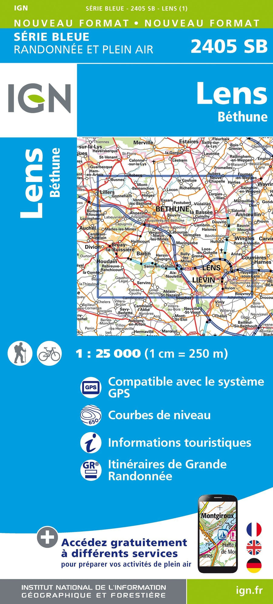 Carte de randonnée n° 2405 - Lens, Béthune | IGN - Série Bleue carte pliée IGN 