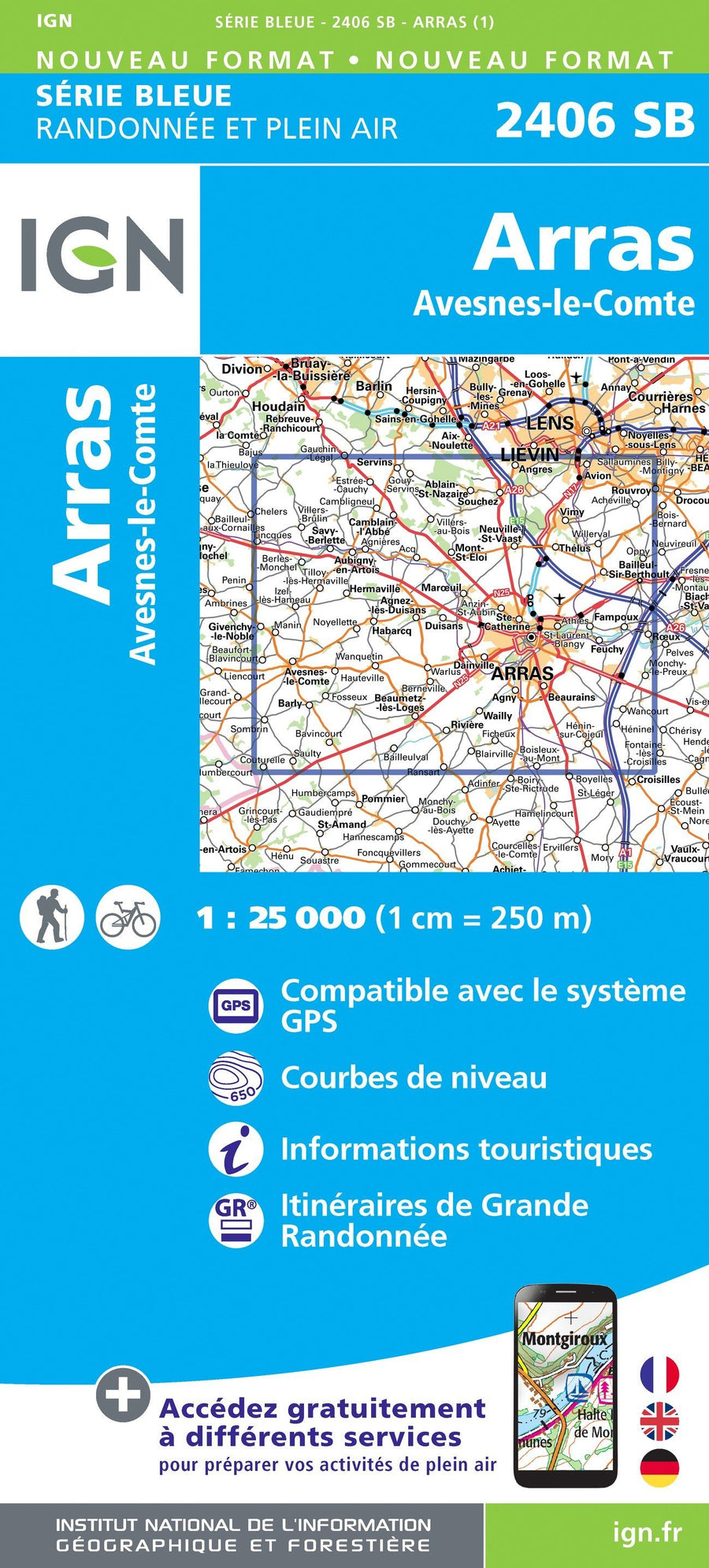 Carte de randonnée n° 2406 - Arras, Avesnes-le-Comte | IGN - Série Bleue carte pliée IGN 