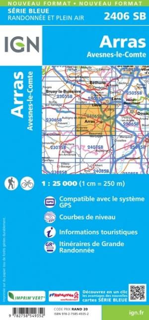 Carte de randonnée n° 2406 - Arras, Avesnes-le-Comte | IGN - Série Bleue carte pliée IGN 