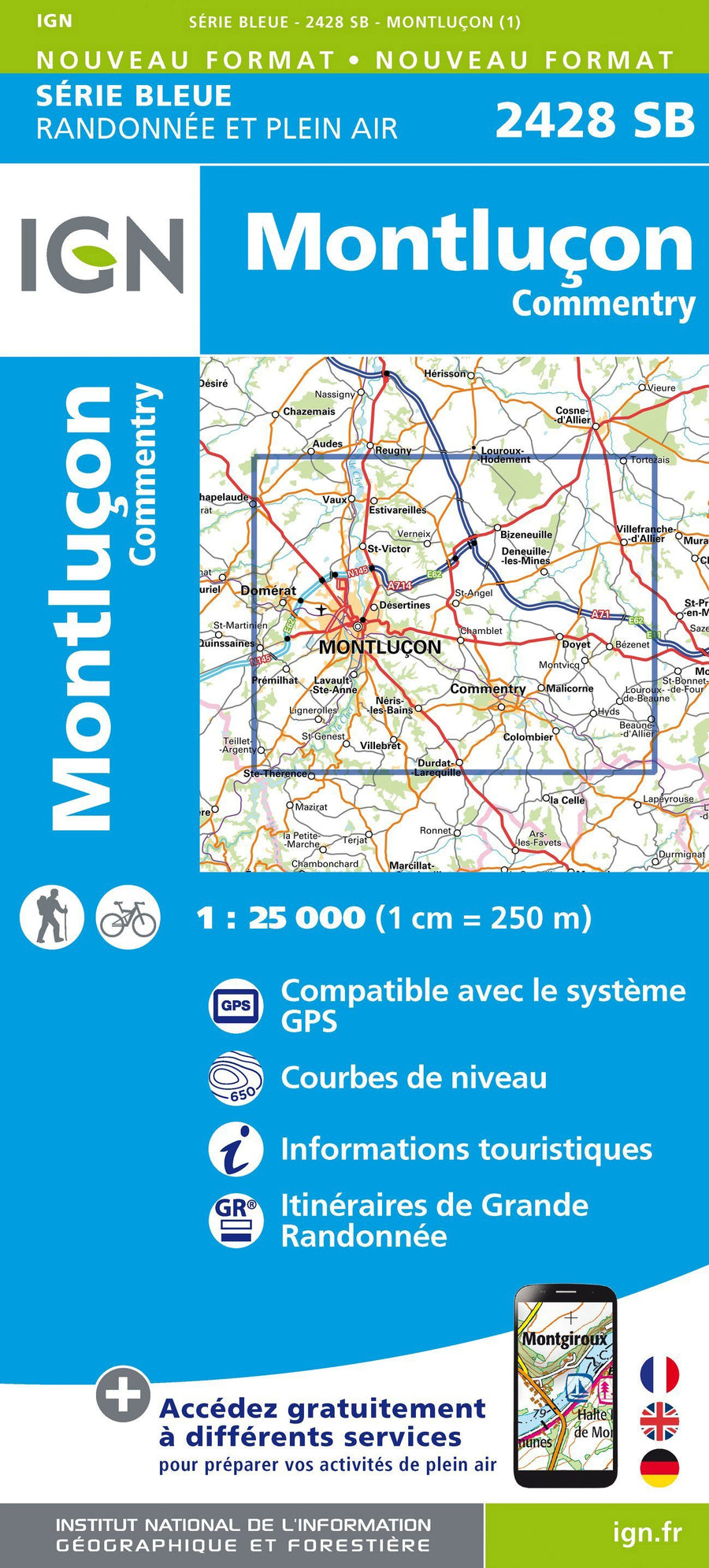 Carte de randonnée n° 2428 - Montluçon, Commentry | IGN - Série Bleue carte pliée IGN 