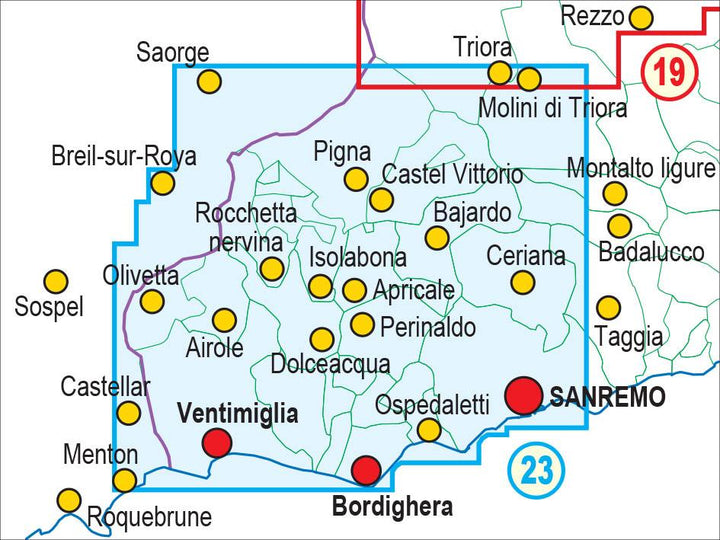 Carte de randonnée n° 25-23 - Sanremo, Mentone, Bassa Val Roya, Val Nervia | Fraternali - 1/25 000 carte pliée Fraternali 