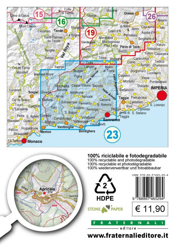 Carte de randonnée n° 25-23 - Sanremo, Mentone, Bassa Val Roya, Val Nervia | Fraternali - 1/25 000 carte pliée Fraternali 