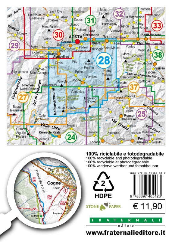 Carte de randonnée n° 25-28 - Aosta, Pila, Valle di Cogne, Gran Paradiso | Fraternali - 1/25 000 carte pliée Fraternali 