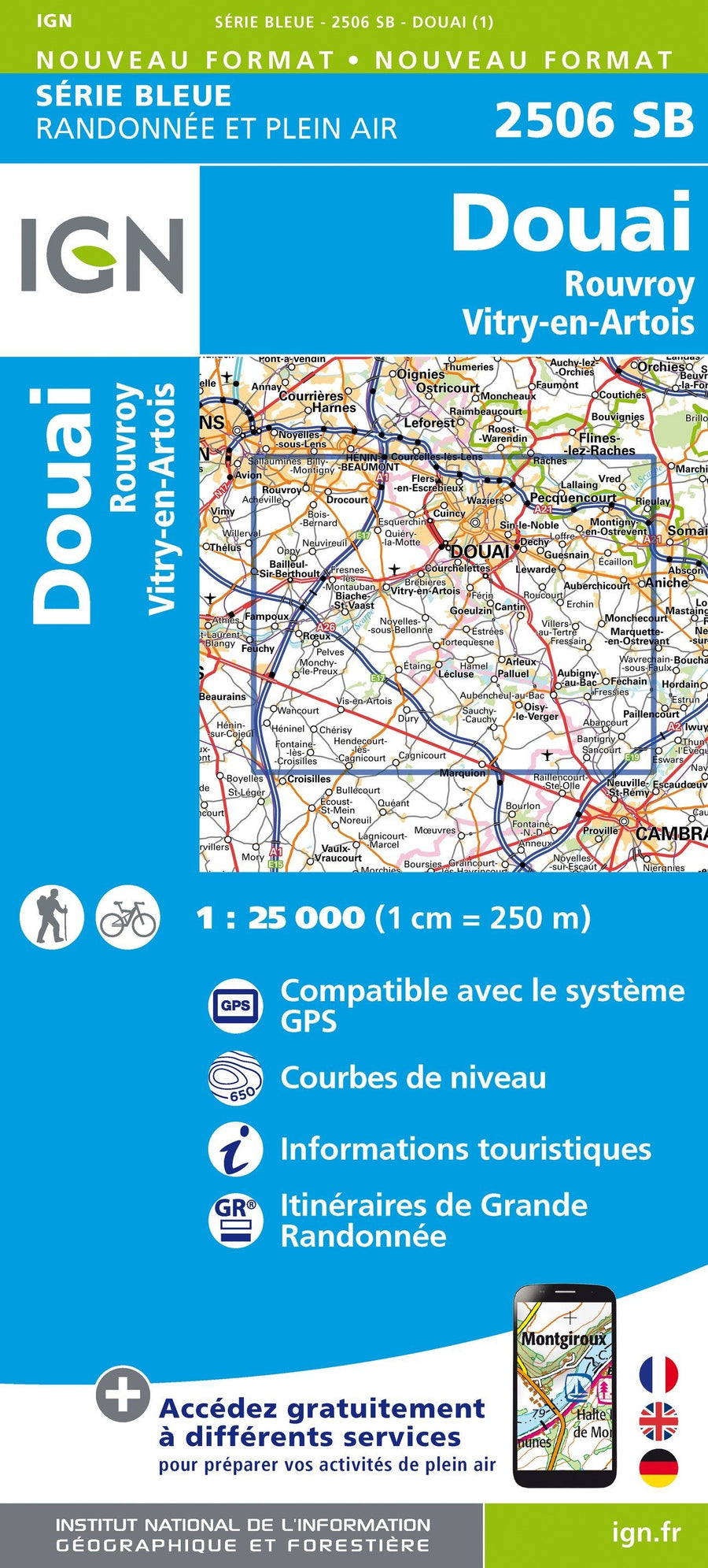 Carte de randonnée n° 2506 - Douai, Rouvroy, Vitry-en-Artois | IGN - Série Bleue carte pliée IGN 