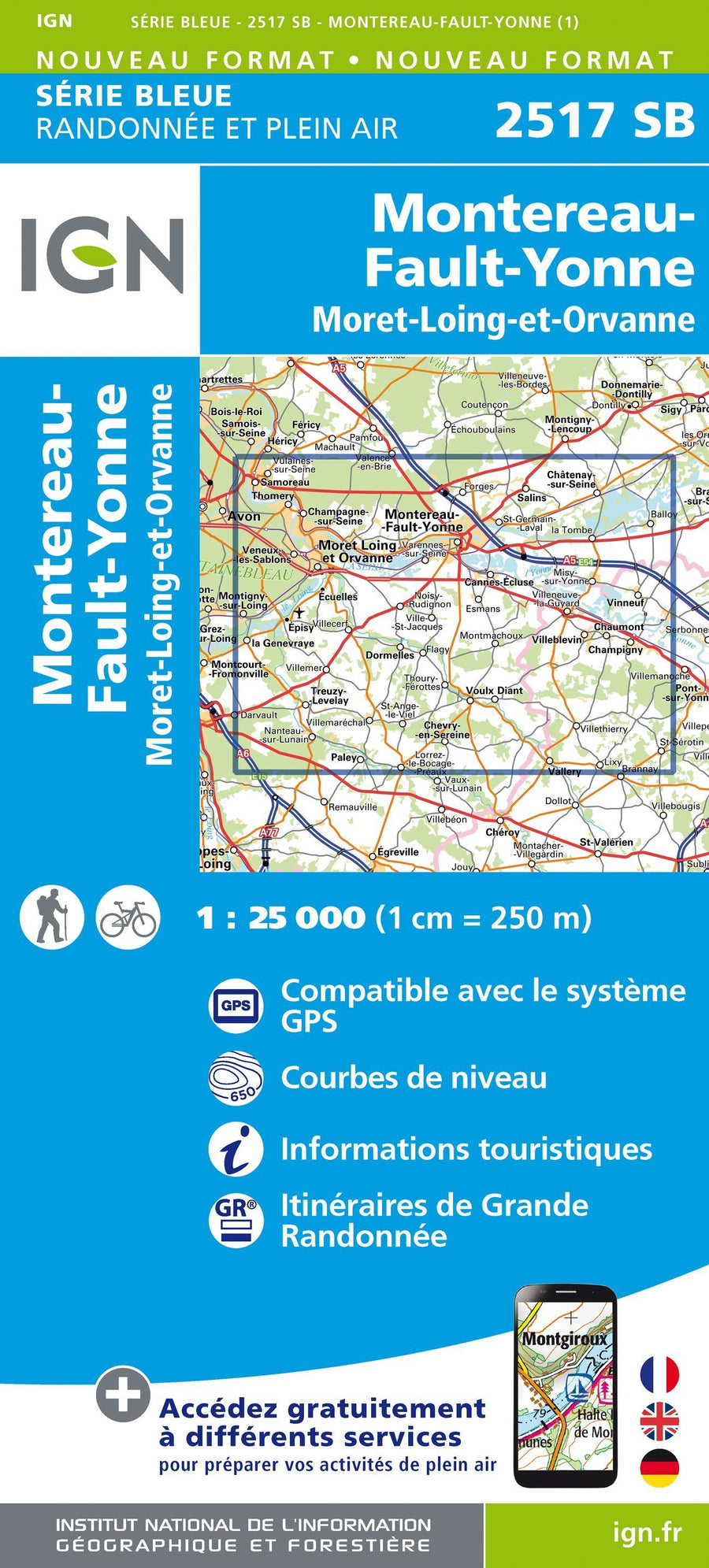 Carte de randonnée n° 2517 - Montereau-Fault-Yonne, Moret-Loing-et-Orvanne | IGN - Série Bleue carte pliée IGN 