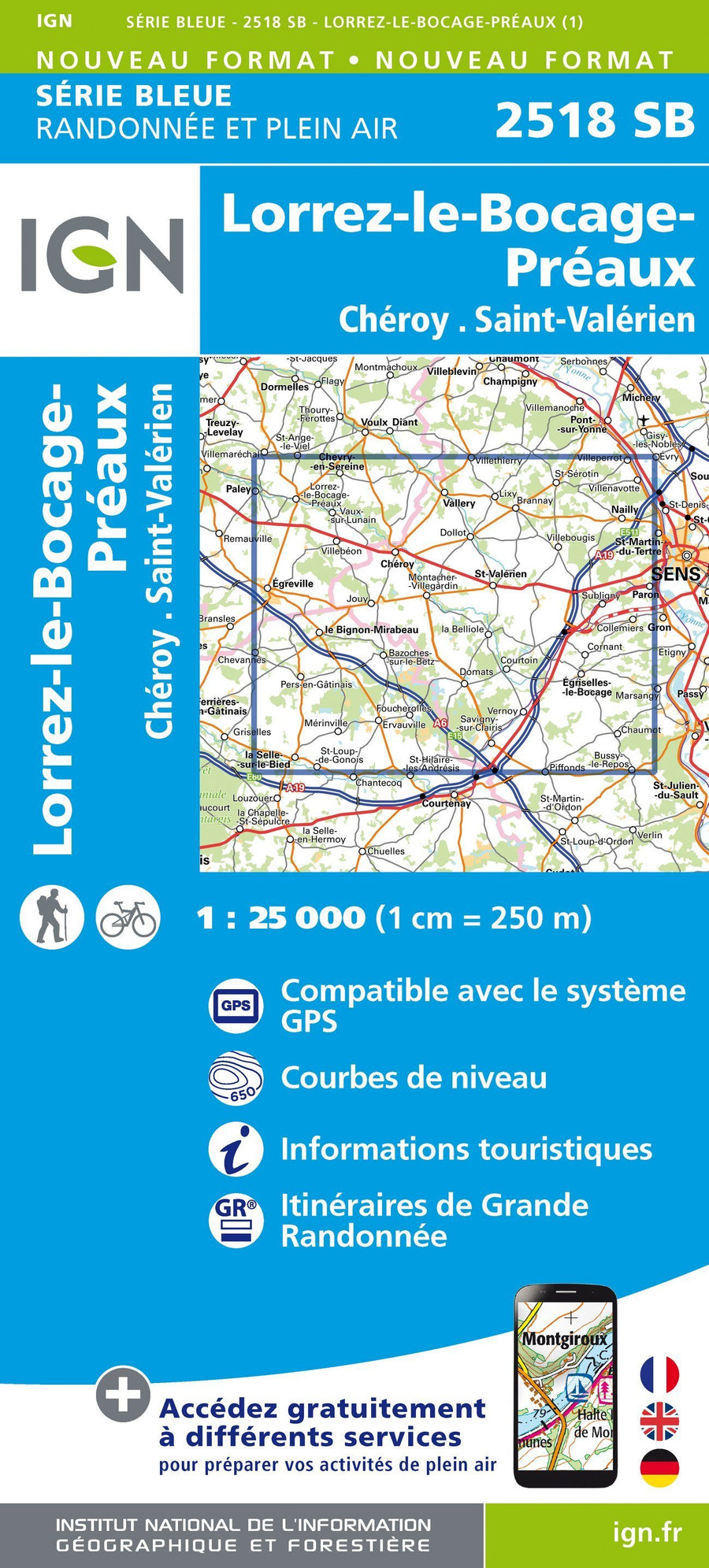 Carte de randonnée n° 2518 - Lorrez-le-Bocage-Préaux, Chéroy, St-Valérien | IGN - Série Bleue carte pliée IGN 