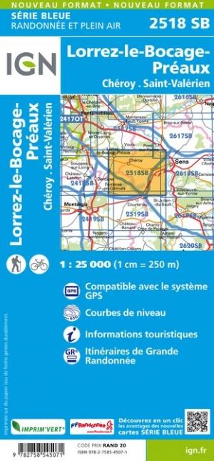 Carte de randonnée n° 2518 - Lorrez-le-Bocage-Préaux, Chéroy, St-Valérien | IGN - Série Bleue carte pliée IGN 