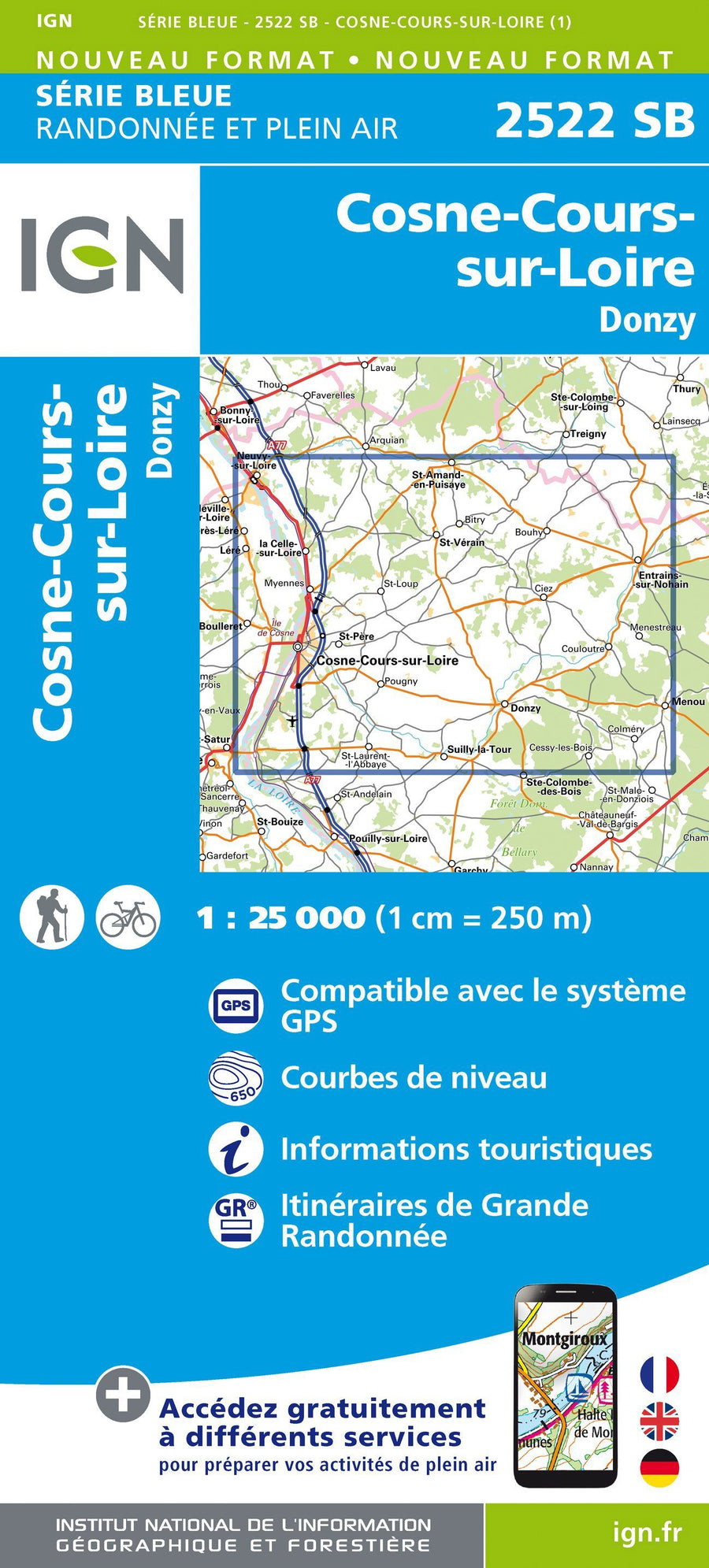 Carte de randonnée n° 2522 - Cosne-Cours-sur-Loire, Donzy | IGN - Série Bleue carte pliée IGN 