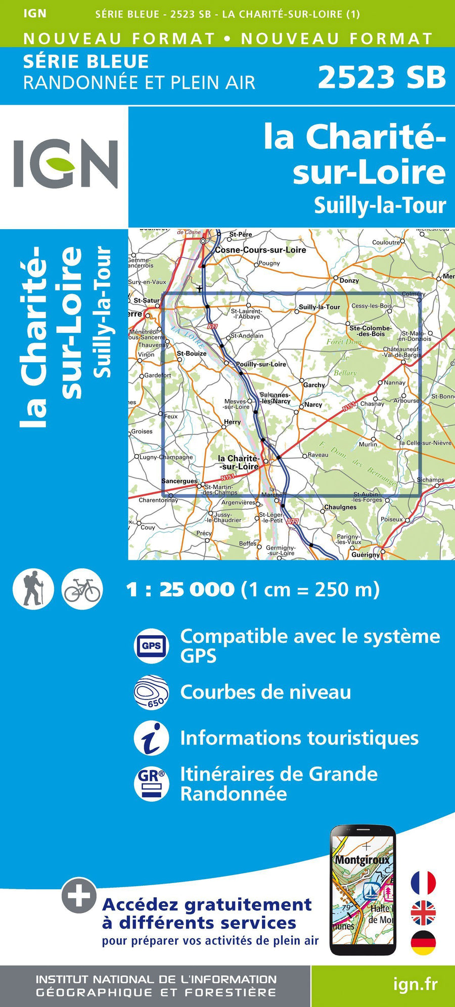 Carte de randonnée n° 2523 - La Charité-sur-Loire, Suilly-la-Tour | IGN - Série Bleue carte pliée IGN 