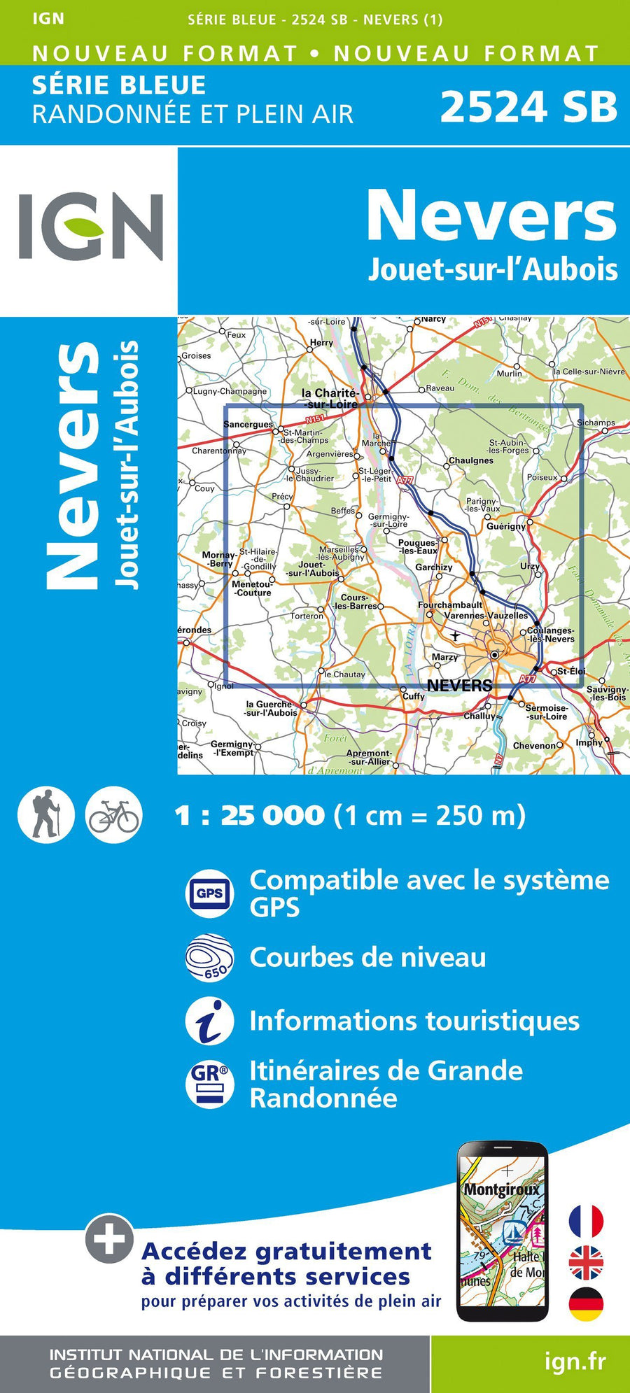 Carte de randonnée n° 2524 - Nevers, Jouet-sur-l'Aubois | IGN - Série Bleue carte pliée IGN 