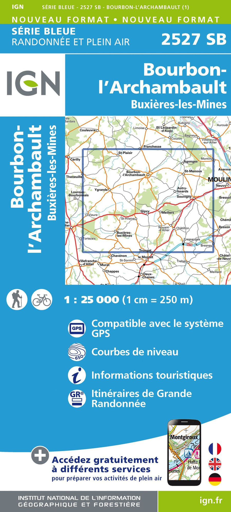 Carte de randonnée n° 2527 - Bourbon-l'Archambault, Buxières-les-Mines | IGN - Série Bleue carte pliée IGN 