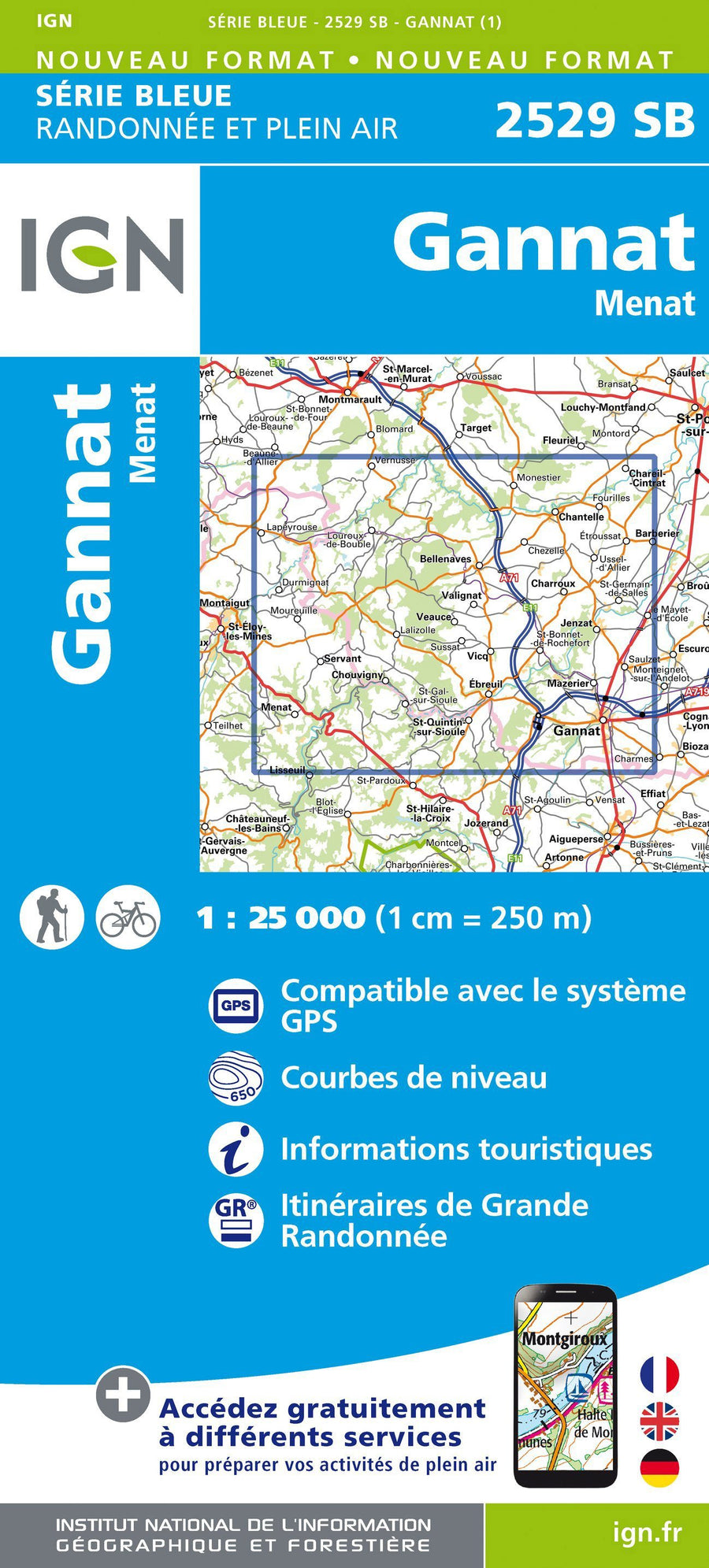 Carte de randonnée n° 2529 - Gannat, Menat | IGN - Série Bleue carte pliée IGN 