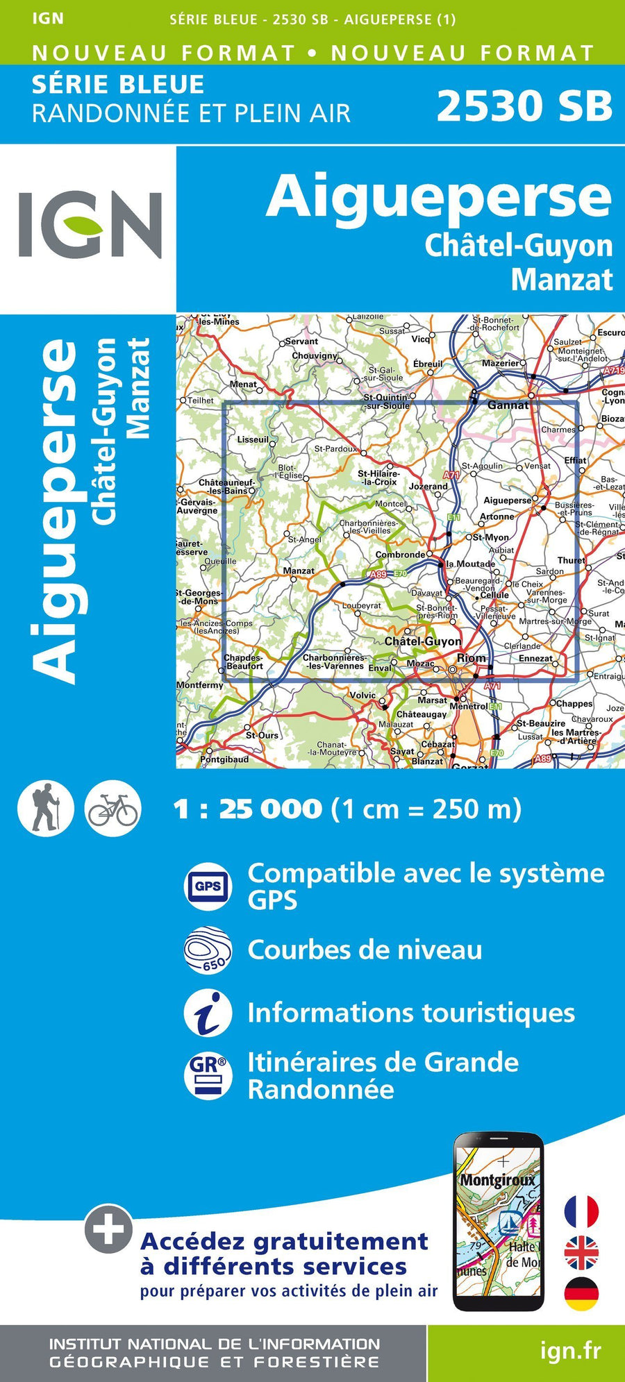 Carte de randonnée n° 2530 - Aigueperse, Châtel-Guyon, Manzat | IGN - Série Bleue carte pliée IGN 