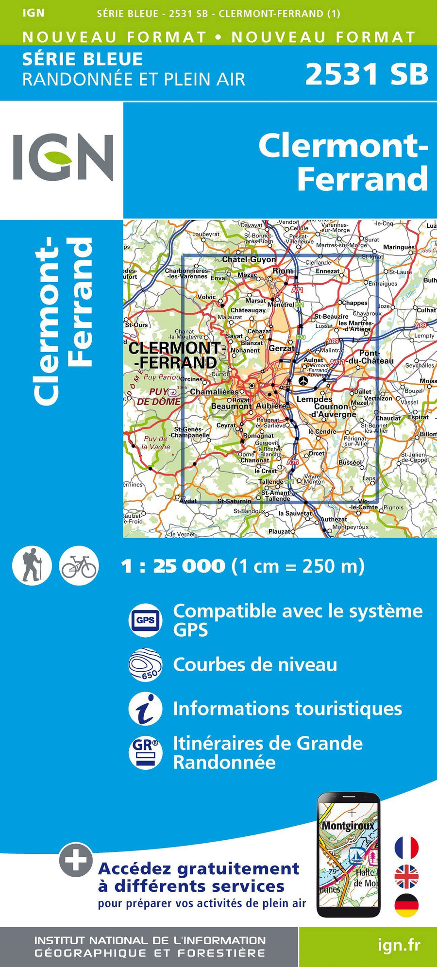 Carte de randonnée n° 2531 - Clermont-Ferrand | IGN - Série Bleue carte pliée IGN 