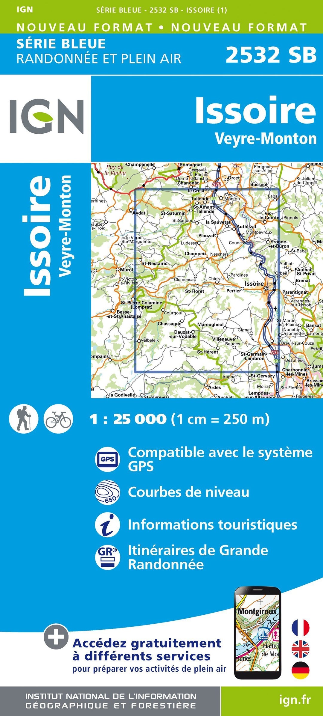 Carte de randonnée n° 2532 - Issoire, Veyre-Monton | IGN - Série Bleue carte pliée IGN 