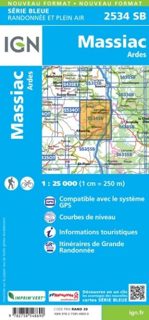 Carte de randonnée n° 2534 - Massiac, Ardes | IGN - Série Bleue carte pliée IGN 