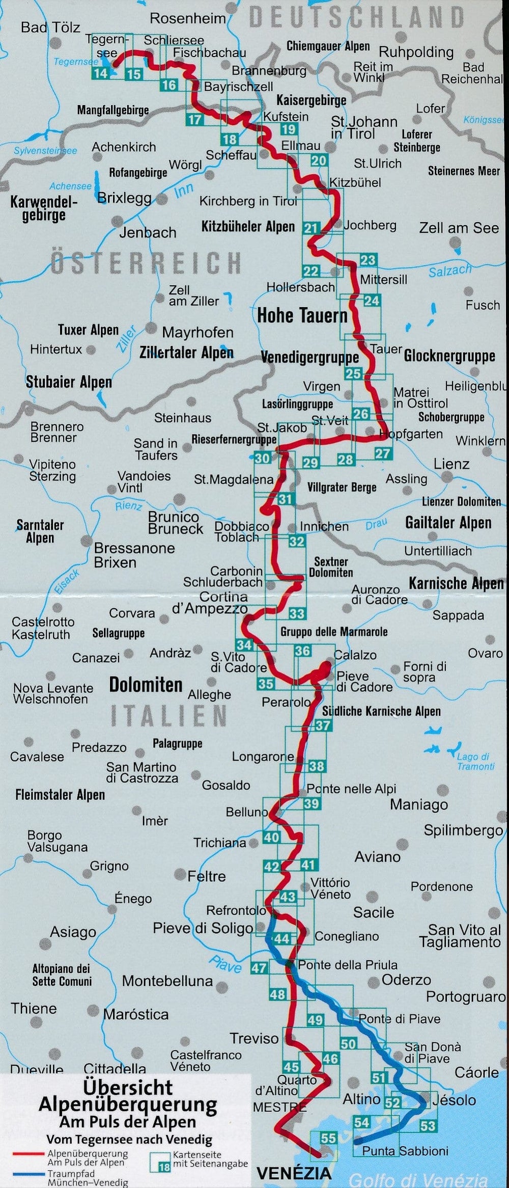 Carte de randonnée n° 2555 - Traversée des Alpes, de Tegernsee à Venise | Kompass carte pliée Kompass 