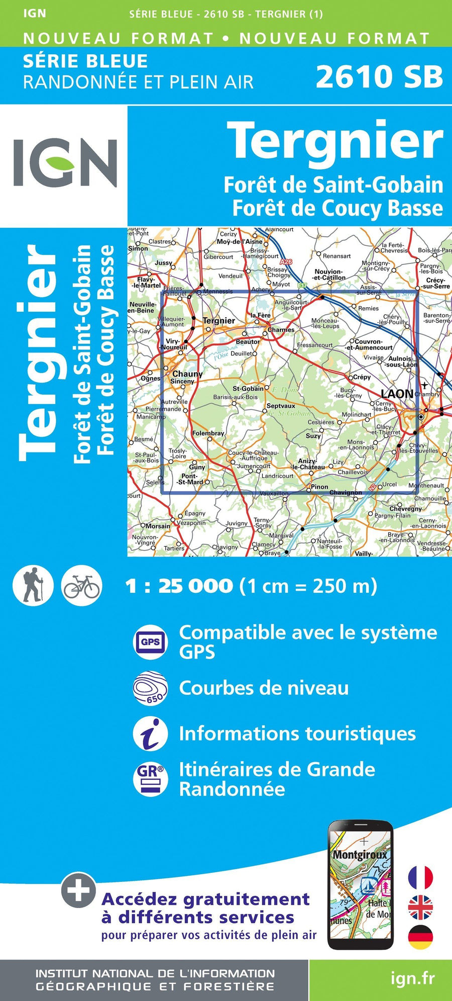 Carte de randonnée n° 2610 - Tergnier, Forêt de Saint-Gobain, Forêt de Coucy Basse | IGN - Série Bleue carte pliée IGN 