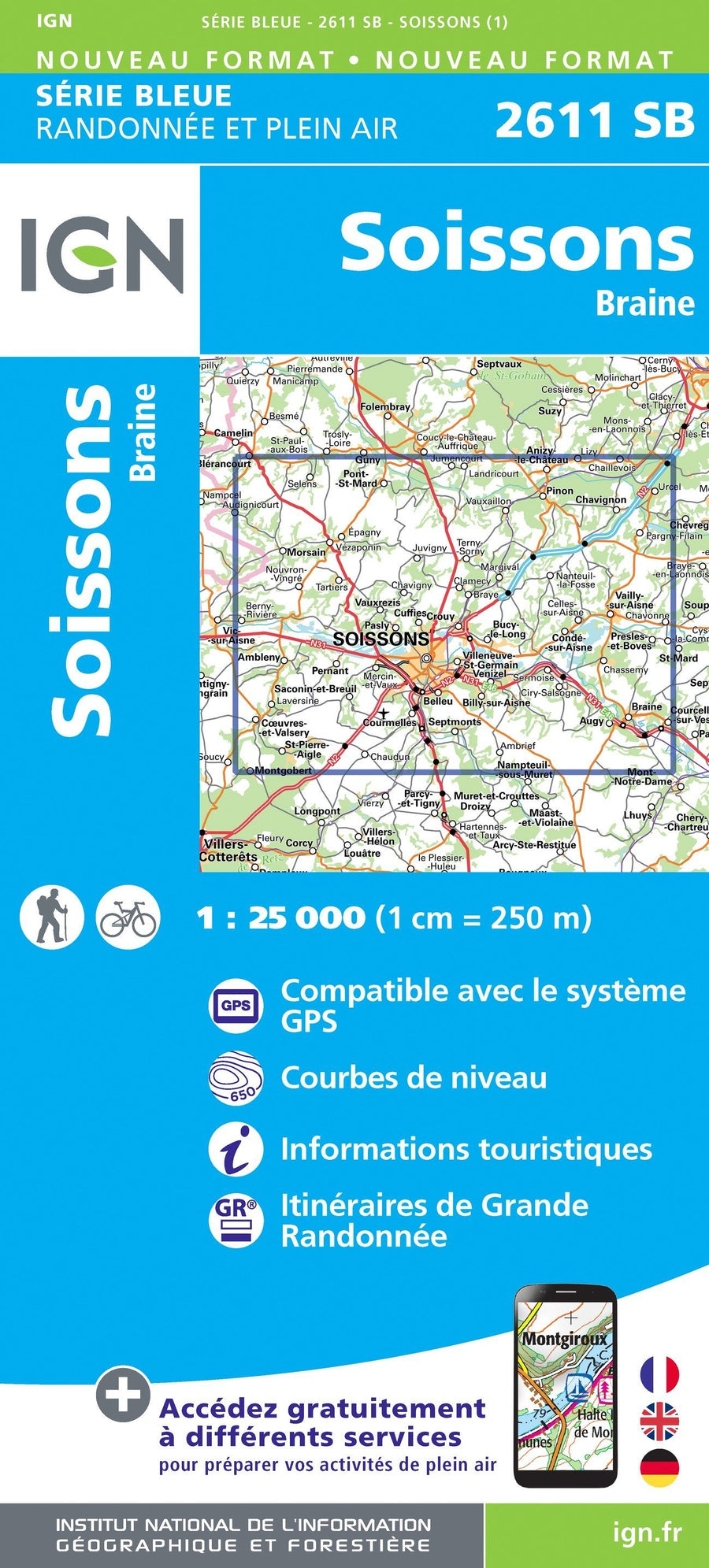 Carte de randonnée n° 2611 - Soissons, Braine | IGN - Série Bleue carte pliée IGN 