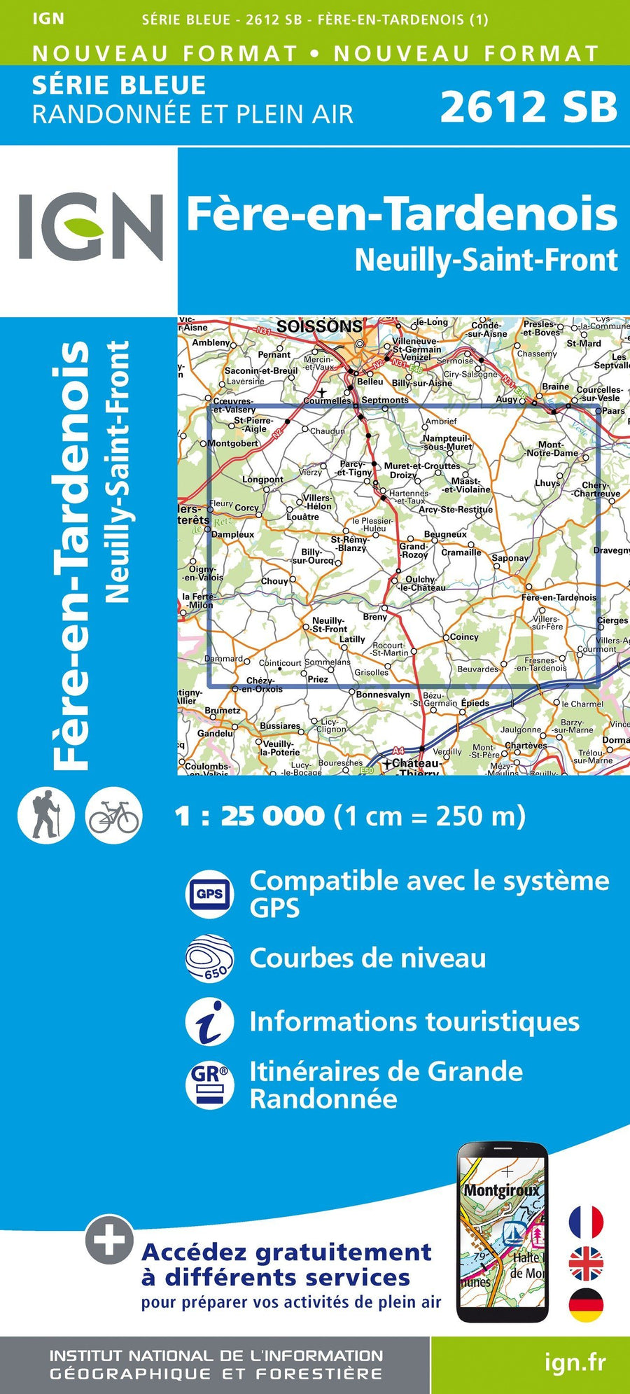 Carte de randonnée n° 2612 - Fère-en-Tardenois, Neuilly-Saint-Front | IGN - Série Bleue carte pliée IGN 