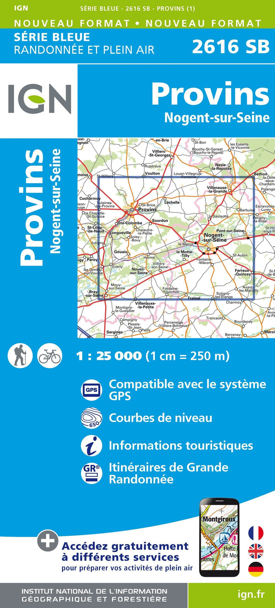 Carte de randonnée n° 2616 - Provins, Nogent-sur-Seine | IGN - Série Bleue carte pliée IGN 