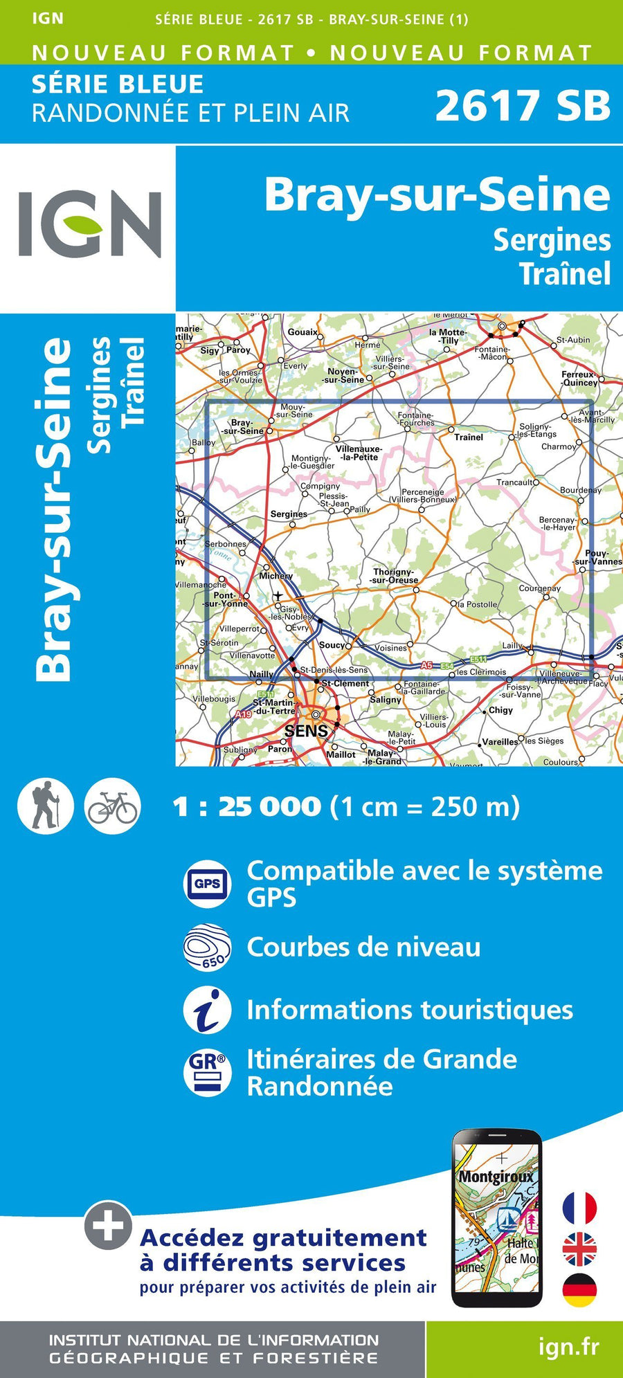 Carte de randonnée n° 2617 - Bray-sur-Seine, Sergines, Traînel | IGN - Série Bleue carte pliée IGN 
