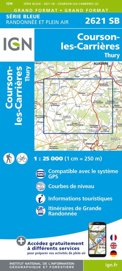 Carte de randonnée n° 2621 - Courson-les-Carrières, Thury | IGN - Série Bleue carte pliée IGN 