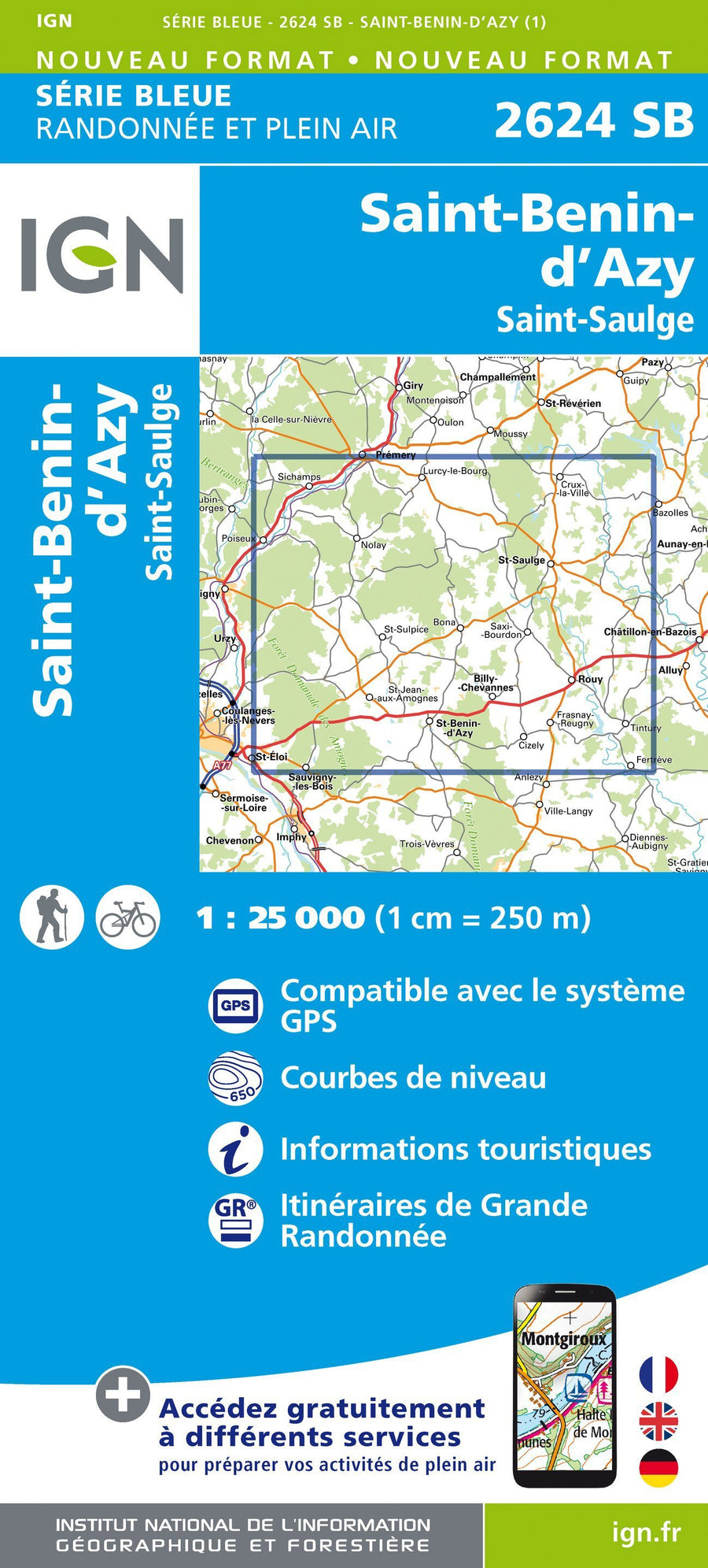 Carte de randonnée n° 2624 - Saint-Benin-D'Azy, Saint-Saulge | IGN - Série Bleue carte pliée IGN 