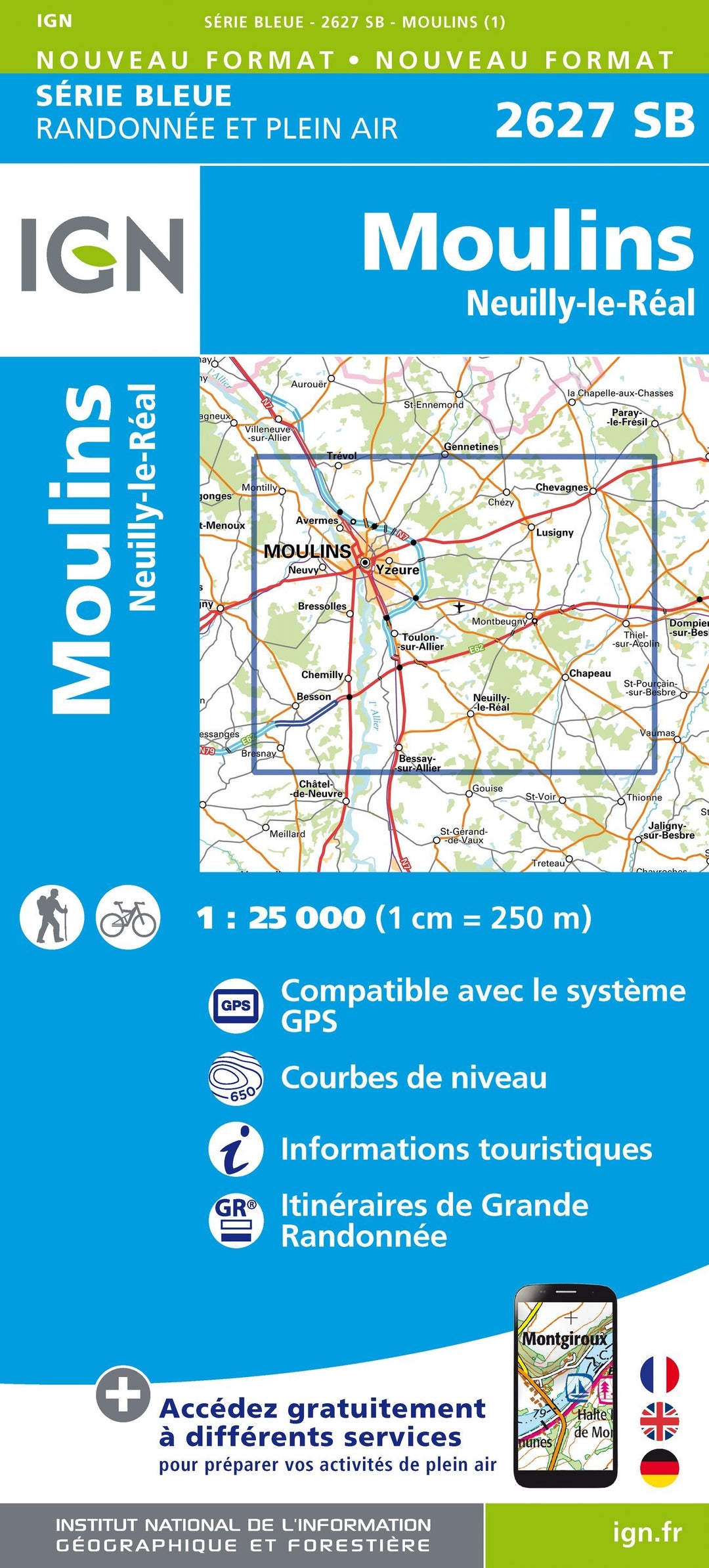 Carte de randonnée n° 2627 - Moulins, Neuilly-le-Réal | IGN - Série Bleue carte pliée IGN 