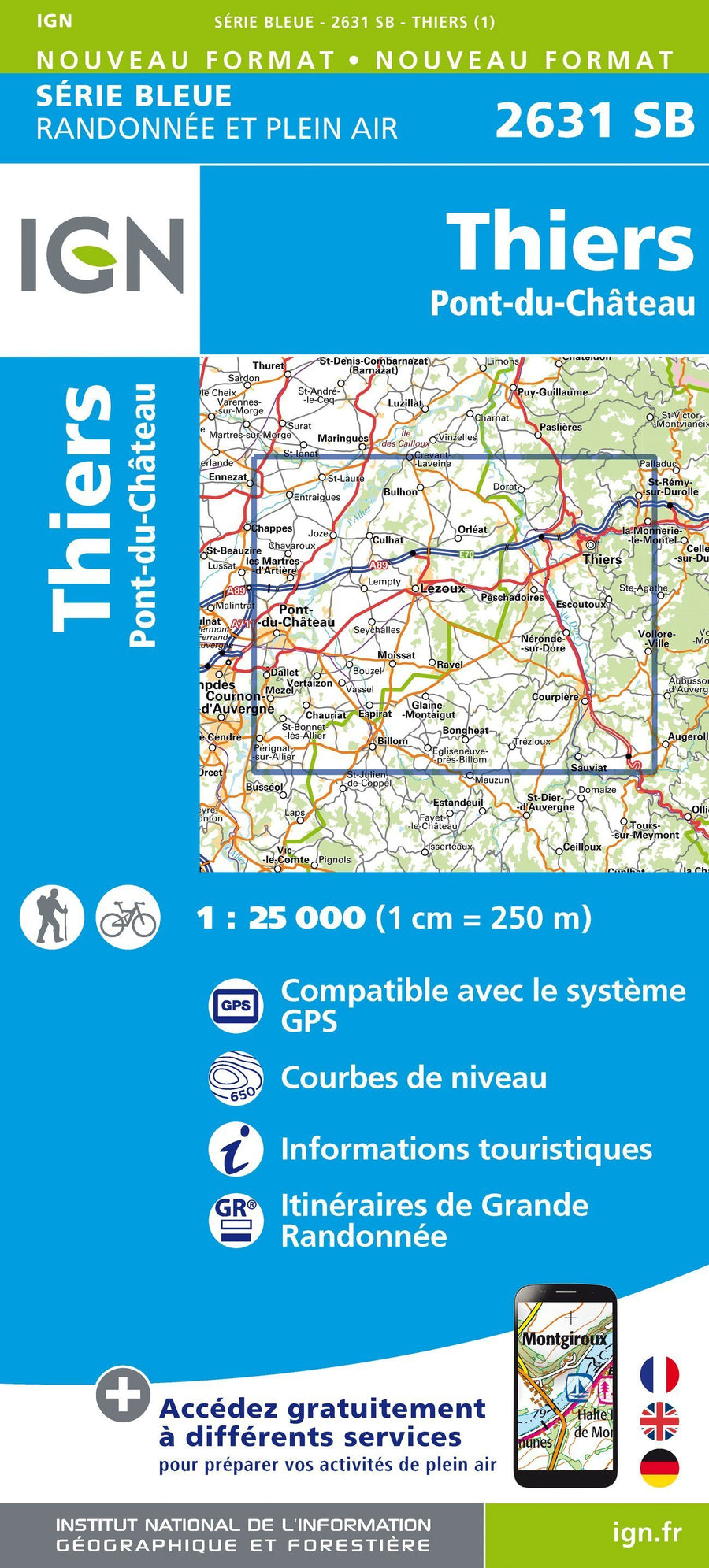Carte de randonnée n° 2631 - Thiers, Pont-du-Château | IGN - Série Bleue carte pliée IGN 