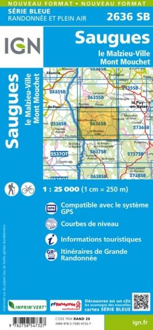 Carte de randonnée n° 2636 - Saugues, Le Malzieu-Ville, Mont Mouchet | IGN - Série Bleue carte pliée IGN 