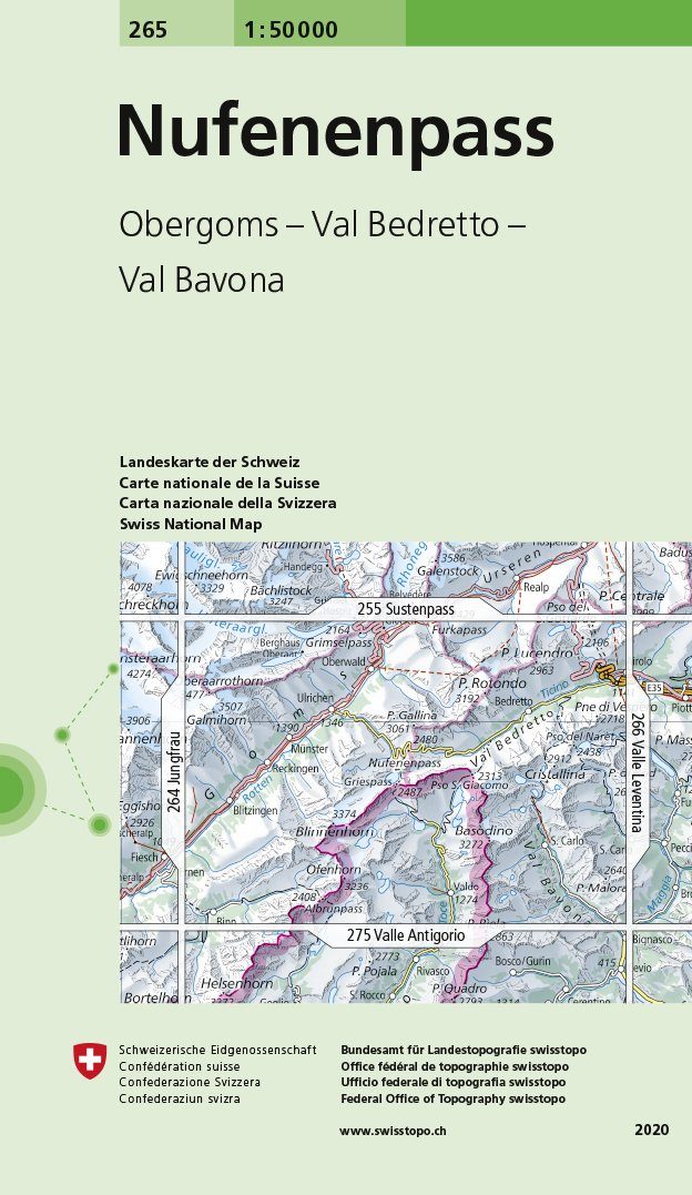 Carte de randonnée n° 265 - Nufenenpass (Suisse) | Swisstopo - 1/50 000 carte pliée Swisstopo 