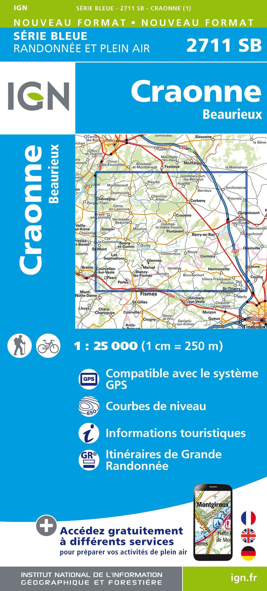 Carte de randonnée n° 2711 - Craonne, Beaurieux (Aisne) | IGN - Série Bleue carte pliée IGN 