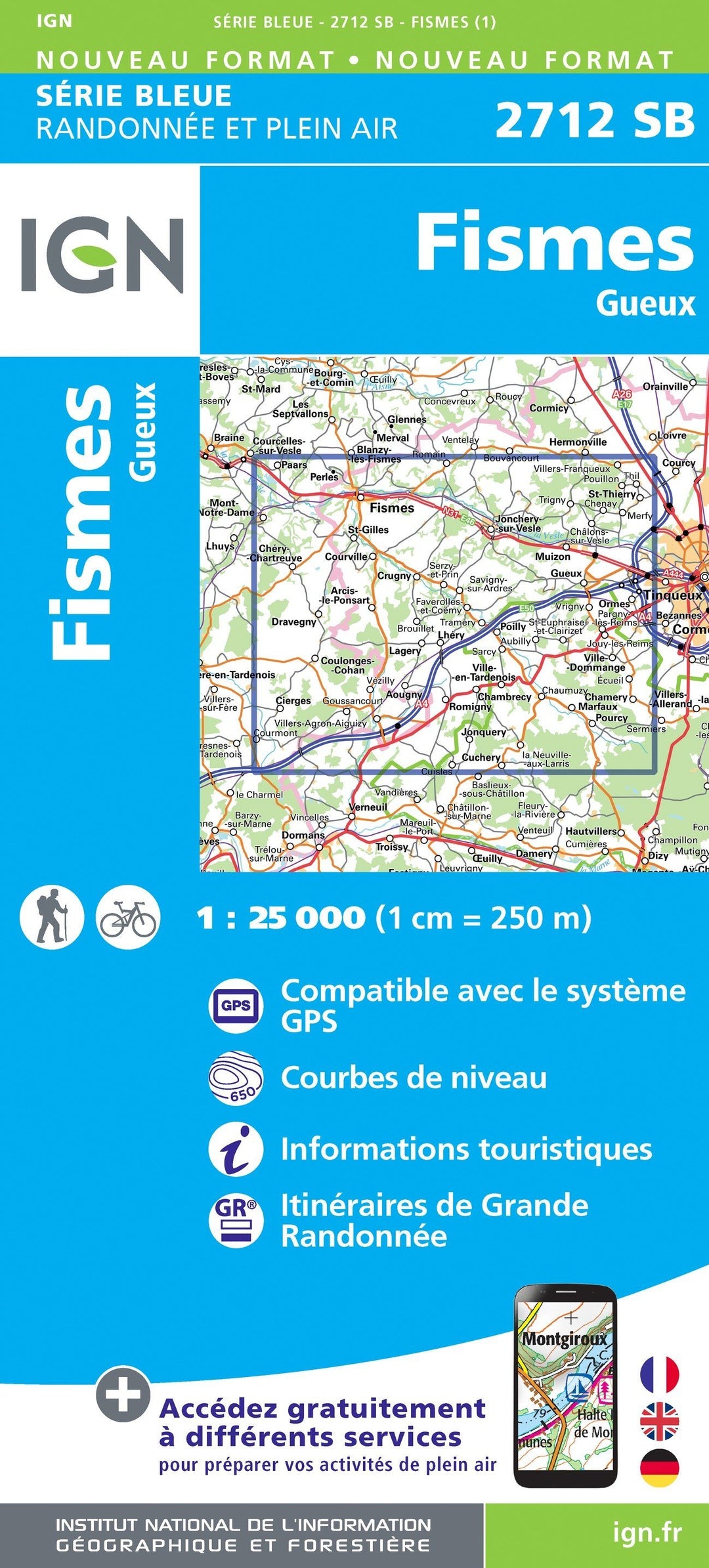 Carte de randonnée n° 2712 - Fismes, Gueux | IGN - Série Bleue carte pliée IGN 