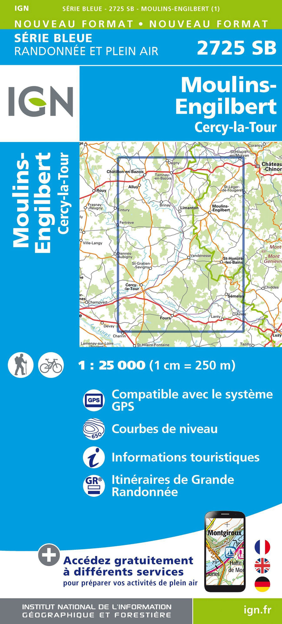 Carte de randonnée n° 2725 - Moulins-Engilbert, Cercy-la-Tour | IGN - Série Bleue carte pliée IGN 