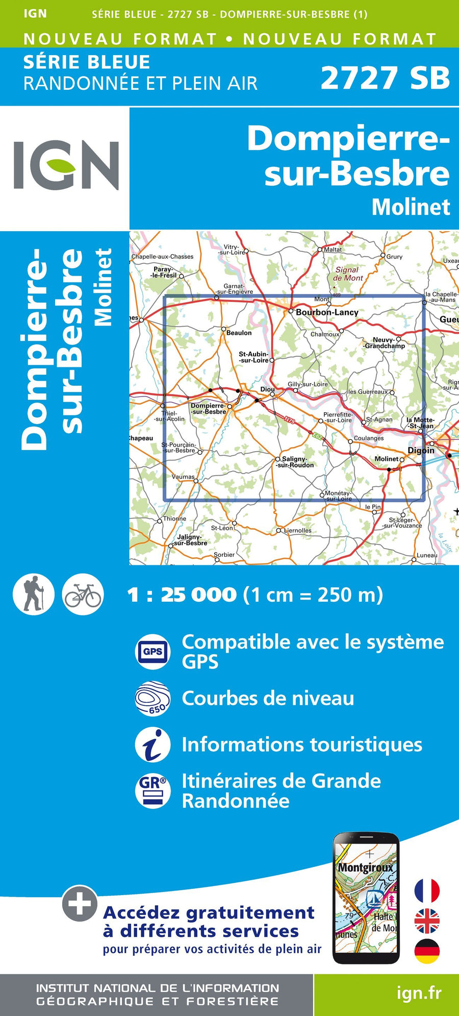 Carte de randonnée n° 2727 - Dompierre-sur-Besbre, Molinet | IGN - Série Bleue carte pliée IGN 