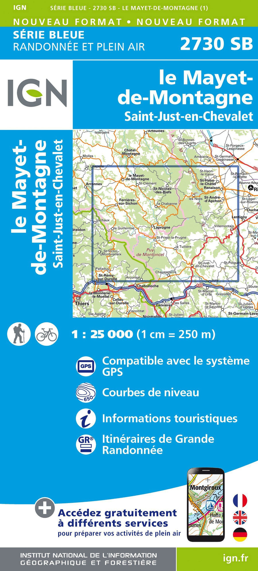 Carte de randonnée n° 2730 - Le Mayet-de-Montagne, Saint-just-en-Chevalet | IGN - Série Bleue carte pliée IGN 