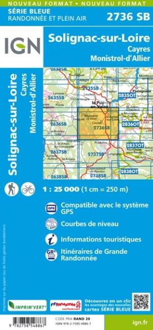 Carte de randonnée n° 2736 - Solignac-sur-Loire, Cayres, Monistrol d'Allier | IGN - Série Bleue carte pliée IGN 