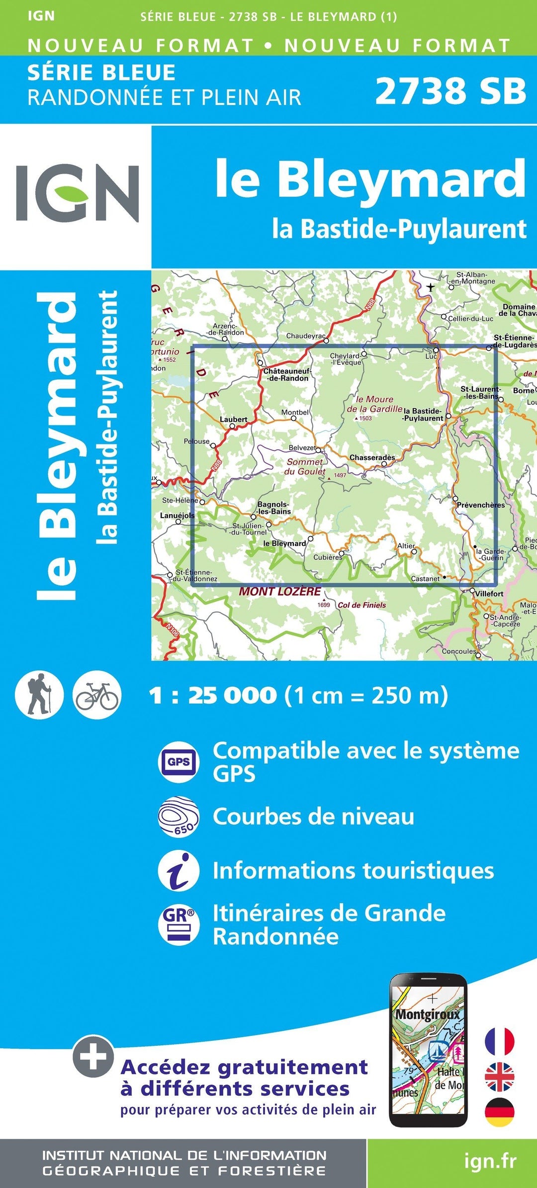 Carte de randonnée n° 2738 - Le Bleymard, la Bastide-Puylaurent | IGN - Série Bleue carte pliée IGN 