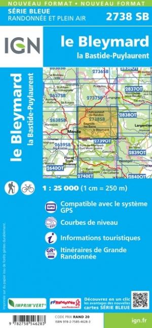 Carte de randonnée n° 2738 - Le Bleymard, la Bastide-Puylaurent | IGN - Série Bleue carte pliée IGN 