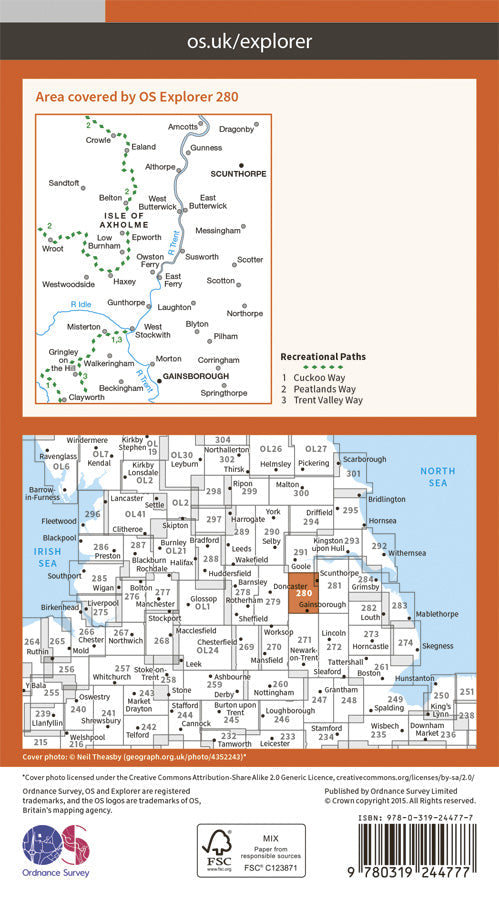 Carte de randonnée n° 280 - Isle of Axholme (Grande Bretagne) | Ordnance Survey - Explorer carte pliée Ordnance Survey Papier 