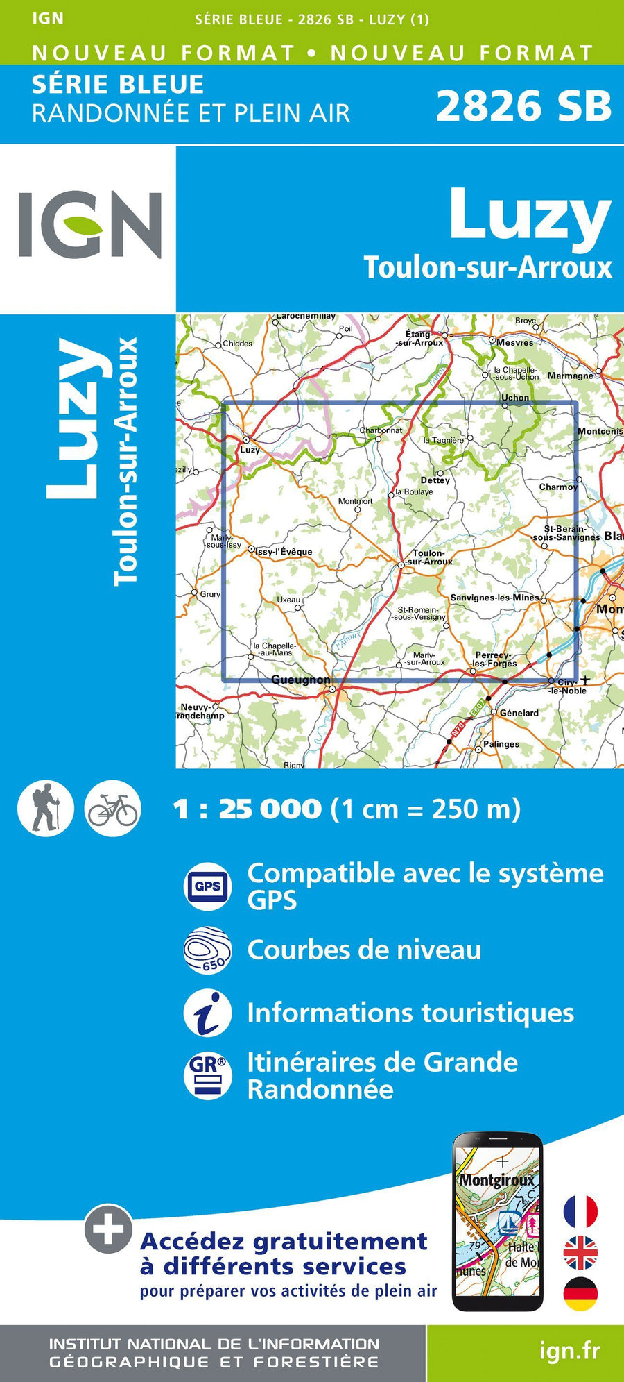 Carte de randonnée n° 2826 - Luzy, Toulon-sur-Arroux | IGN - Série Bleue carte pliée IGN 