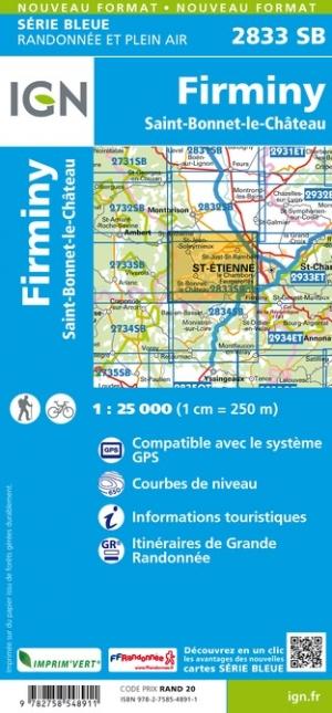 Carte de randonnée n° 2833 - Firminy, Saint-Bonnet-le-Château | IGN - Série Bleue carte pliée IGN 