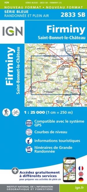 Carte de randonnée n° 2833 - Firminy, Saint-Bonnet-le-Château | IGN - Série Bleue carte pliée IGN 
