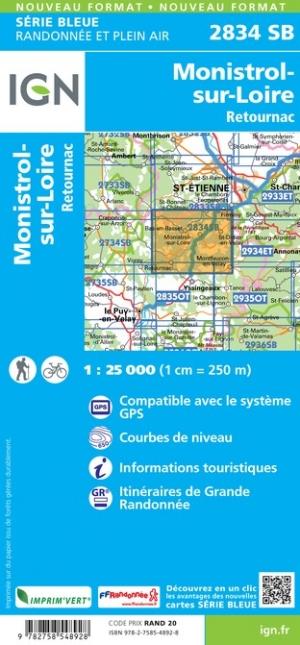 Carte de randonnée n° 2834 - Monistrol-sur-Loire, Retournac | IGN - Série Bleue carte pliée IGN 