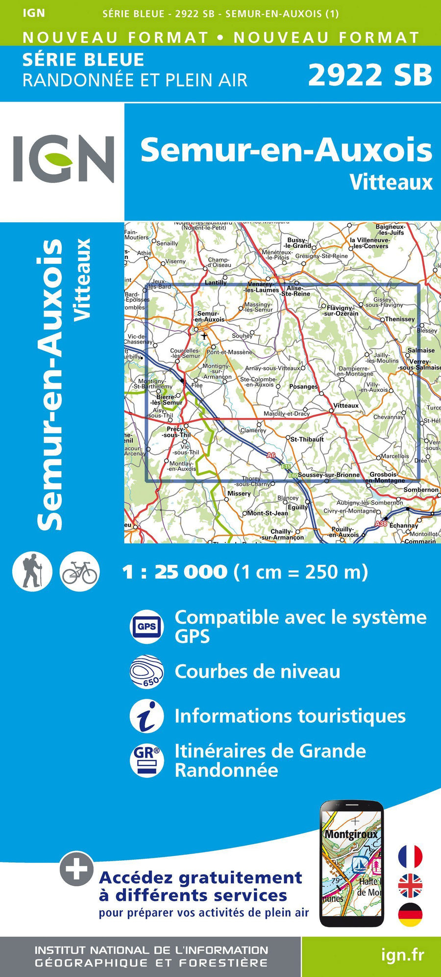 Carte de randonnée n° 2922 - Semur-en-Auxois, Vitteaux | IGN - Série Bleue carte pliée IGN 