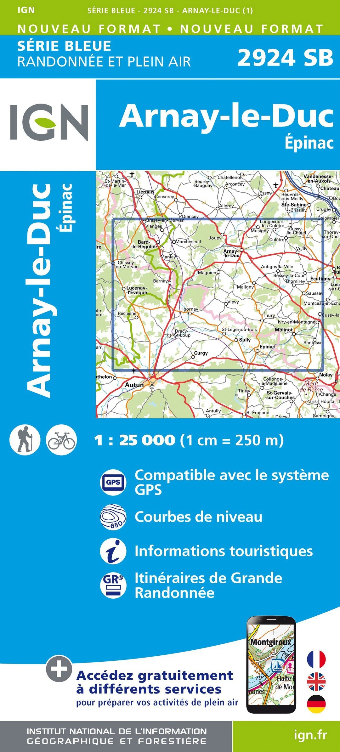 Carte de randonnée n° 2924 - Arnay-le-Duc, Epinac | IGN - Série Bleue carte pliée IGN 