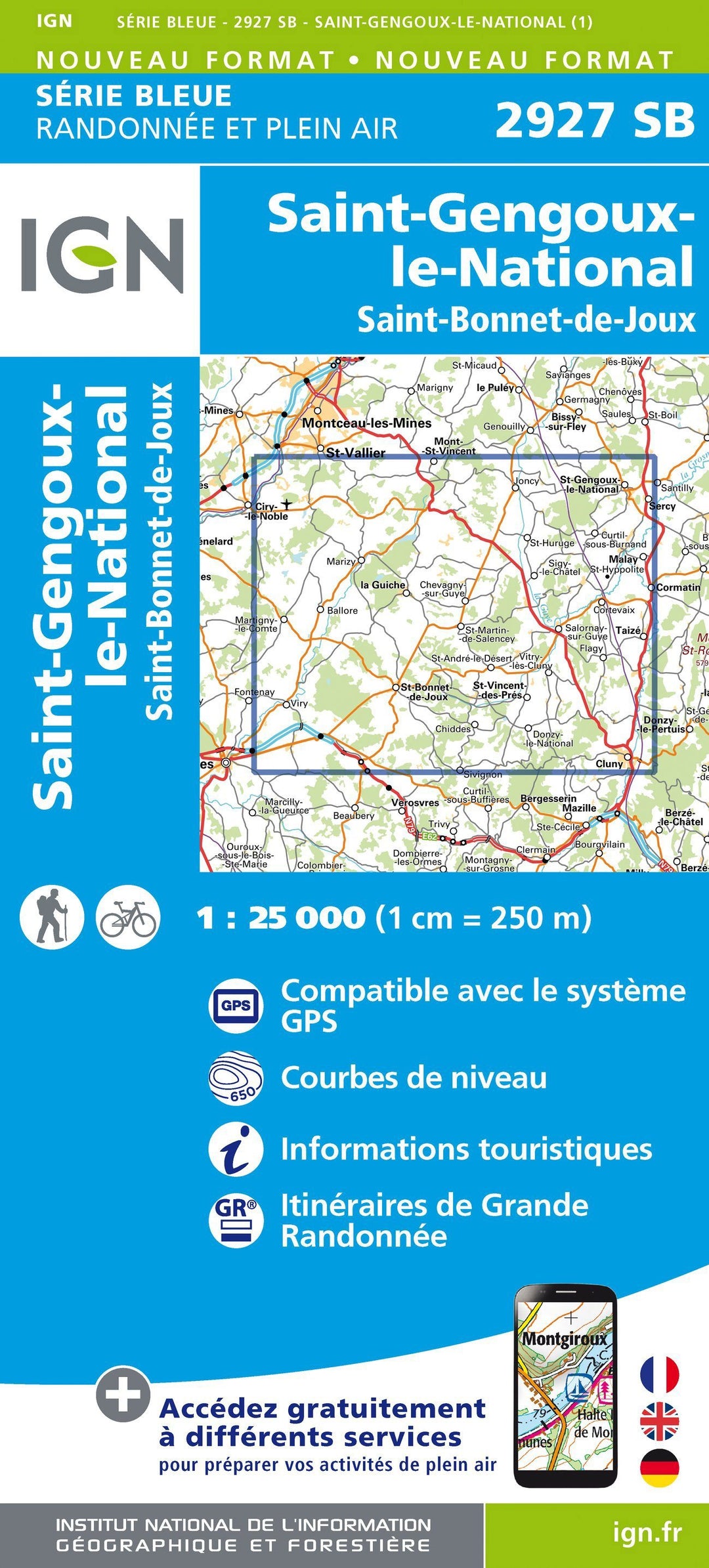 Carte de randonnée n° 2927 - Saint-Gengoux-le-National, Saint-Bonnet-de-Joux | IGN - Série Bleue carte pliée IGN 