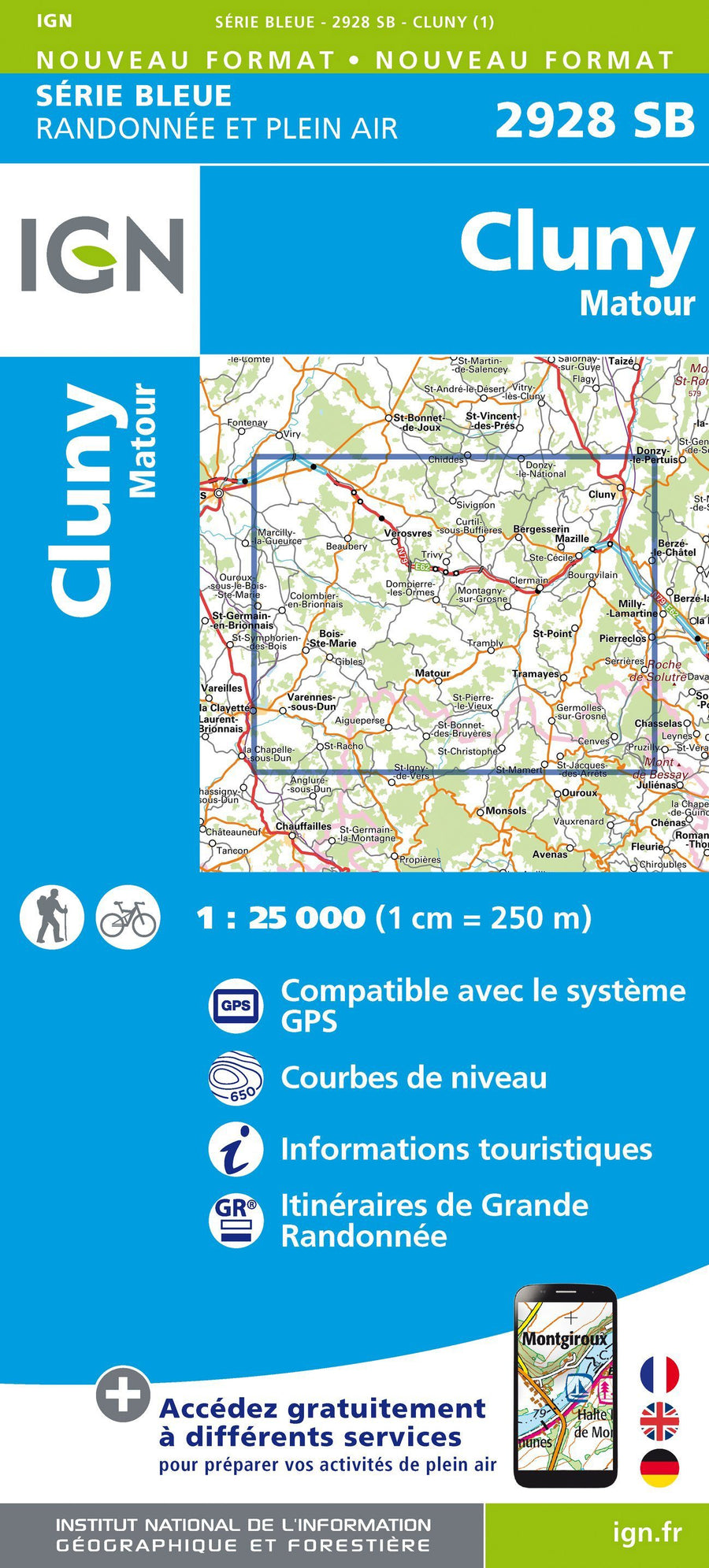 Carte de randonnée n° 2928 - Cluny, Matour | IGN - Série Bleue carte pliée IGN 